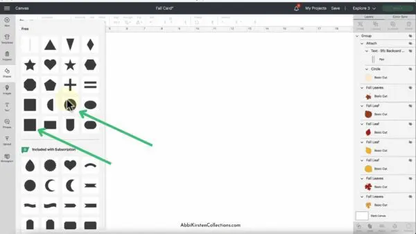 A screenshot of the shapes panel in Cricut Design Space. 