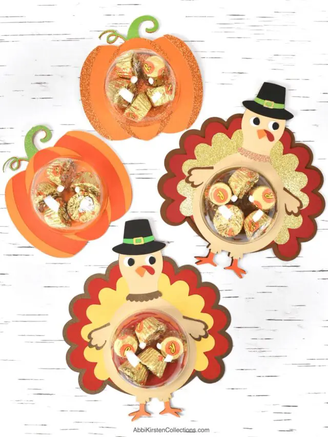 Flat lay photo of Thanksgiving themed candy holders in pumpkin and turkey designs