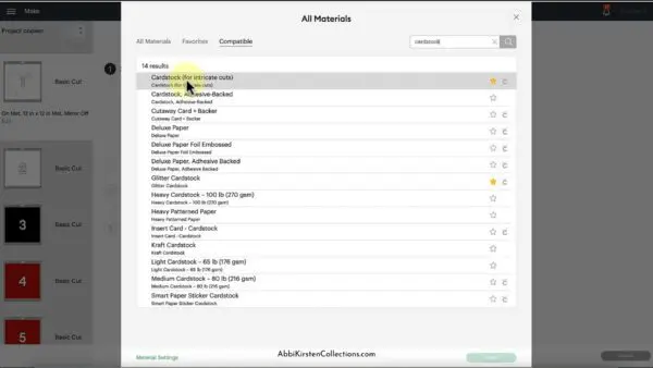 Choosing cardstock for intricate cuts material setting in Design Space.