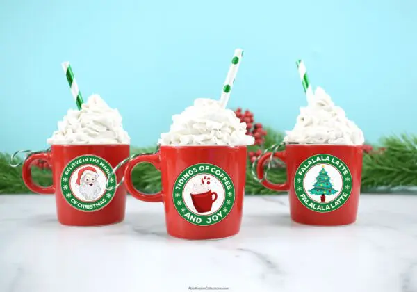 Christmas coffee sticker labels on mini coffee mug ornaments.