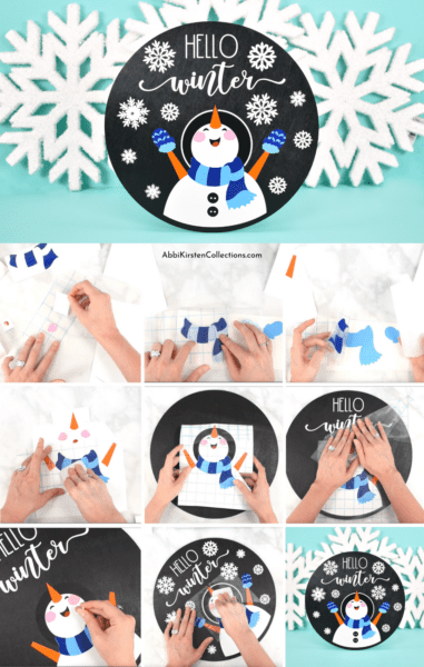 A sign that says "hello winter" and a full step by step collage tutorial for how to layer and apply vinyl on wood signs. 