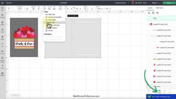A canvas page opened in a program with a Valentine's Day graphic open and a green arrow pointing to the align tool on the right side menu in Cricut Design Space.