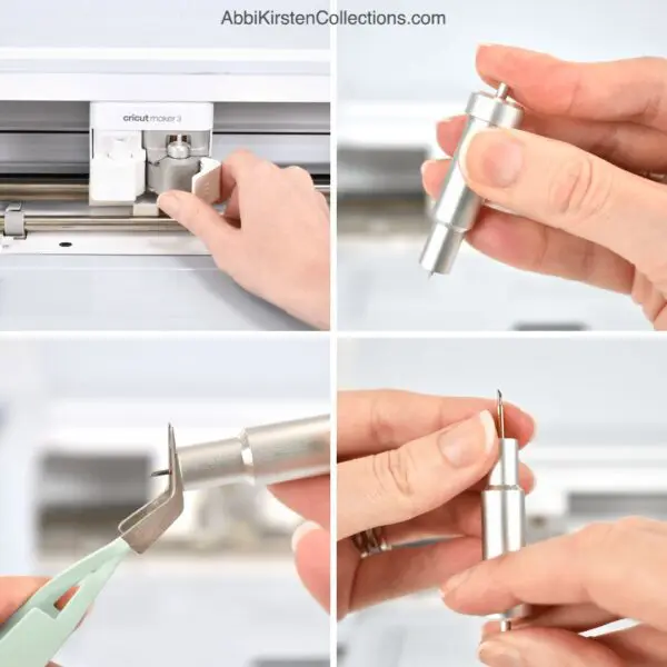 The image shows a collage of steps for how to change a Cricut fine-point blade.