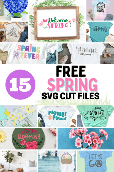 The image shows 15 free SVG cut files for springtime including paper flowers, paper crafts and easter designs.