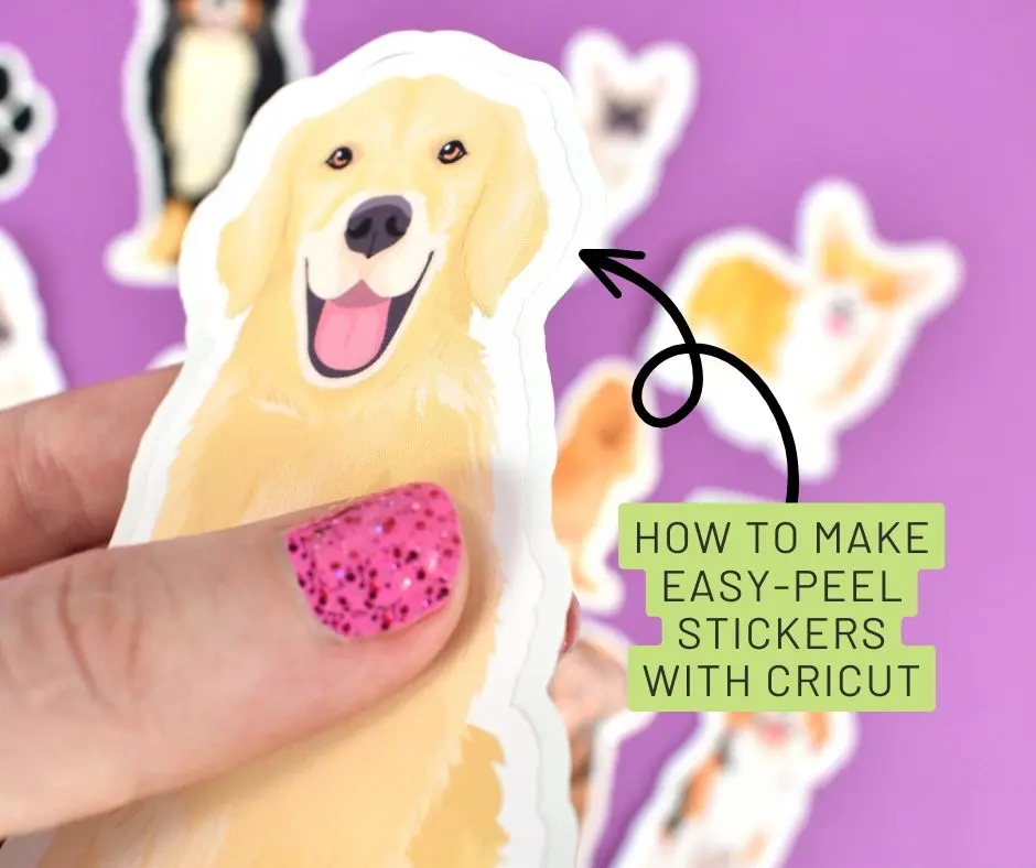 The image shows a dog sticker with a recessed edge on the sticker. Tutorial for making easy-peel stickers with Cricut.