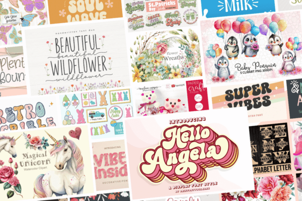Graphics and fonts in all colors and sizes fill the frame. A unicorn graphic and the text "Hello Angela" are visible. All of these materials are available at Creative Fabrica.