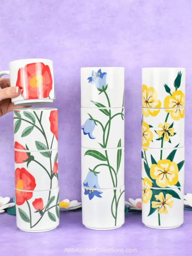 The image shows flower stackable mugs made with sublimation.