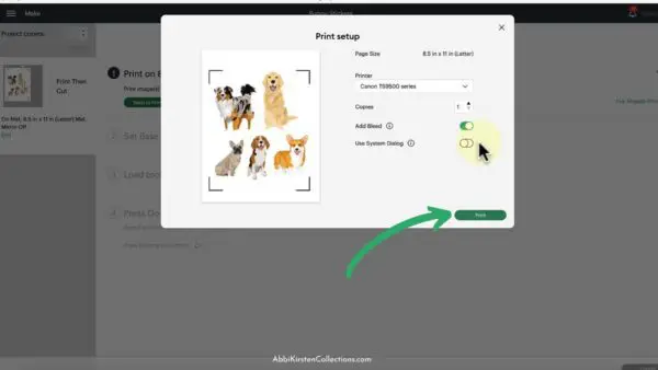 The image shows how to print then cut stickers with your Cricut with the print set up box.