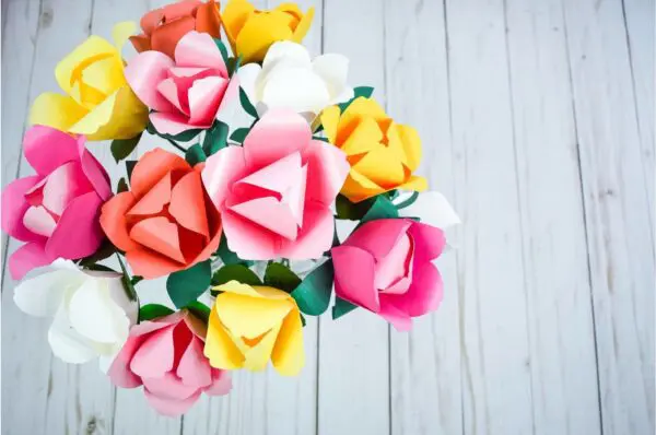 A bouquet of colorful paper tulips.