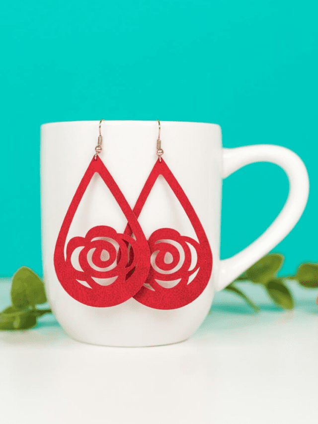 The image shows DIY red rose earrings made from faux leather.