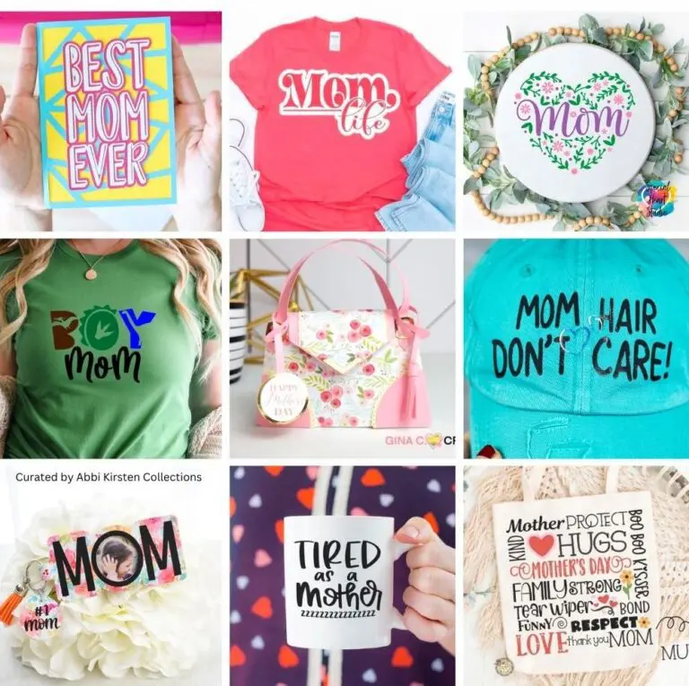 The image shows a collage with several free Mom SVG files.