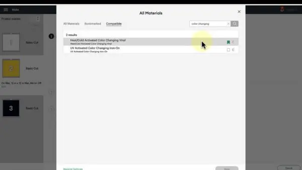 Material settings in Cricut Design Space for color changing vinyl