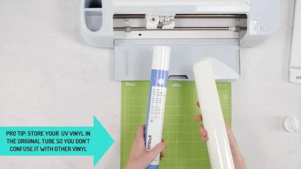 Cricut machine cutting out a design on UV color-changing iron-on vinyl