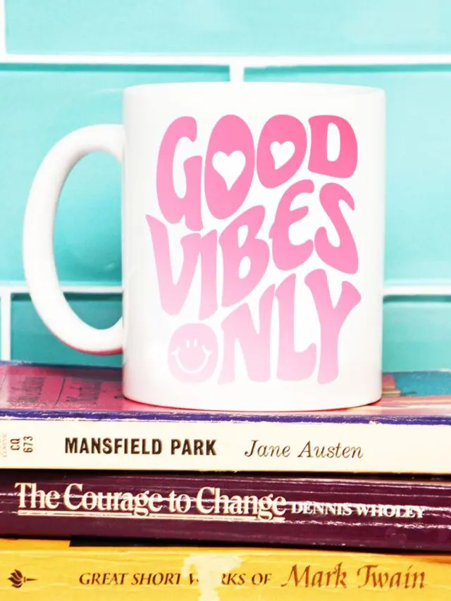 Coffee mug featuring 'Good Vibes Only' text, handcrafted using a Cricut machine and heat-activated color-changing vinyl