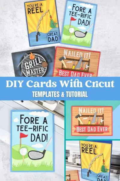 The image shows a collage of handmade cards made with Cricut, cardstock and iron on vinyl.