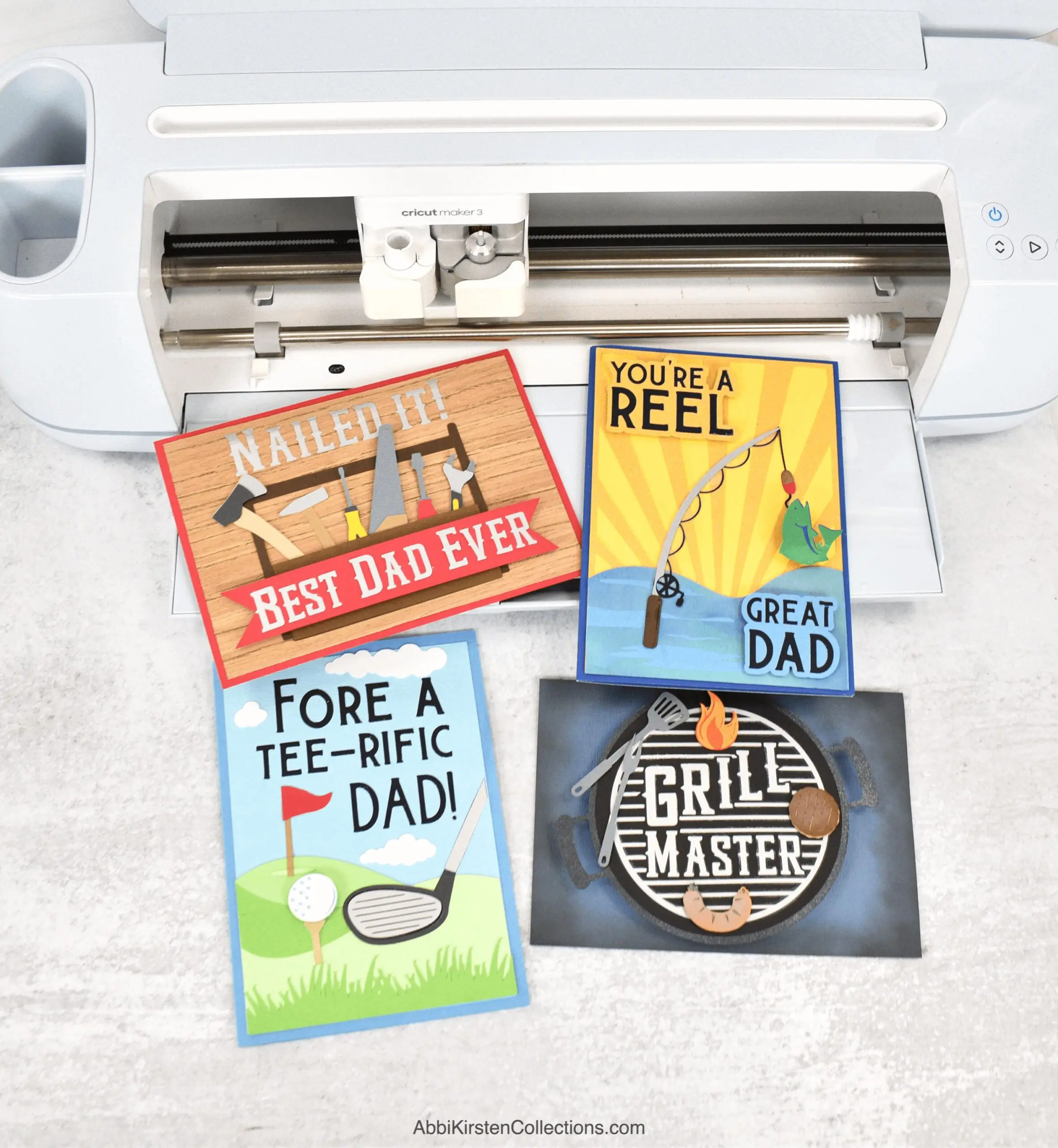 The image shows a set of 4 Father's Day cards on a Cricut machine. Each card is handmade with cardstock and iron-on vinyl. These cards for dad include funny puns for golfers, fishers, and grillers.
