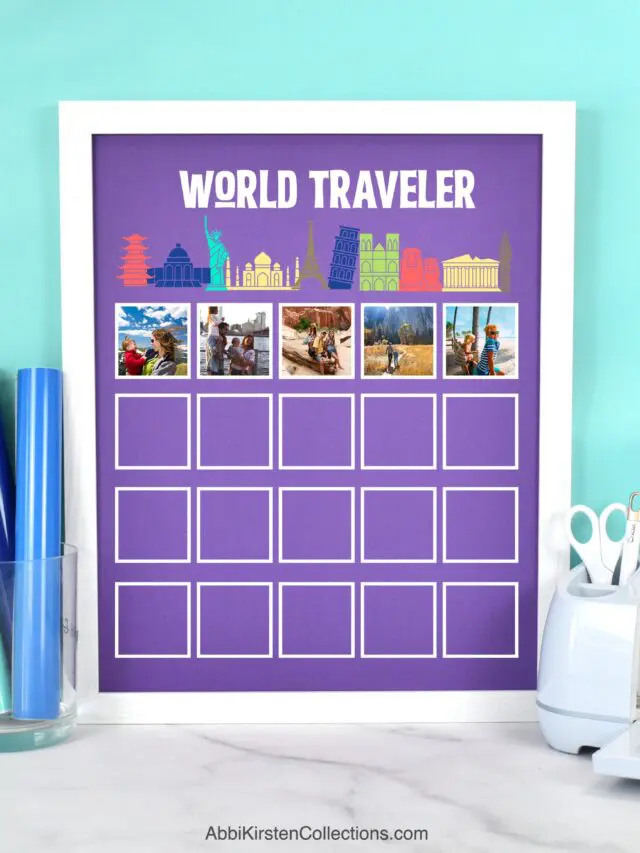 The image shows a world traveler picture display on a purple matboard with a white frame. This project was created using a Cricut machine, vinyl and print then cut sticker vinyl.