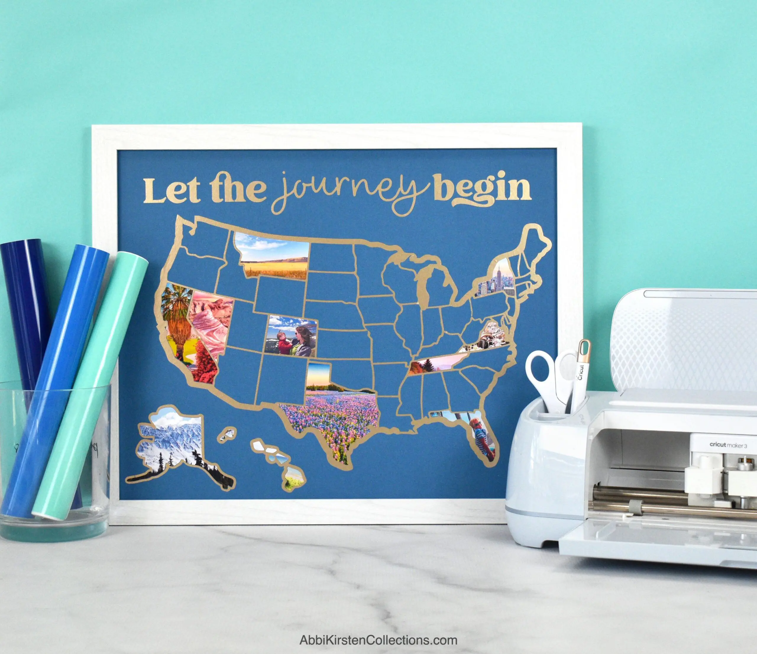 The images shows a map of the united states of america with photos added to each state and a Cricut cutting machine and vinyl on the side. This tutorial teaches how to make a DIY Photo Map with Cricut.
