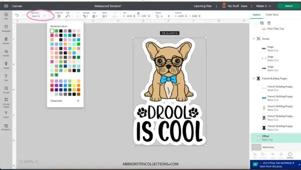French bulldog sticker in Cricut Design Space.