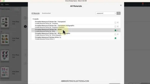 Choosing a material setting for stickers in Design Space.