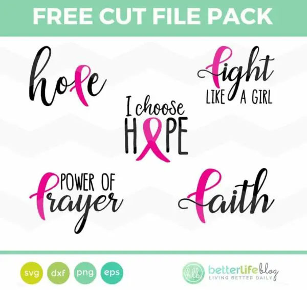 Five areas of text with pink ribbon in each, text hope, I choose hope, fight like a girl, power of prayer, and faith.