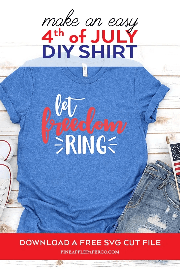 Blue t-shirt with text let freedom ring in red and white letters.