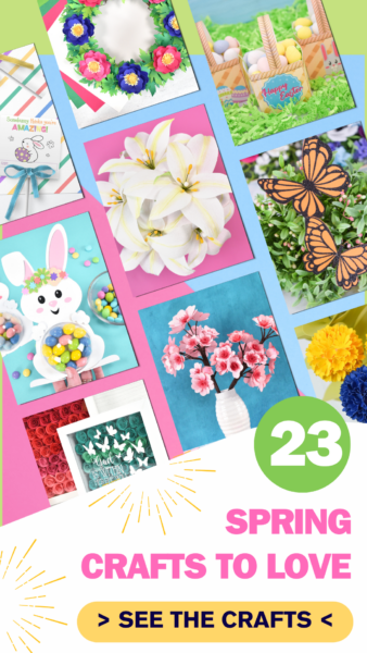 Collage of 23 easter spring crafts to make with your cutting machine or by hand.