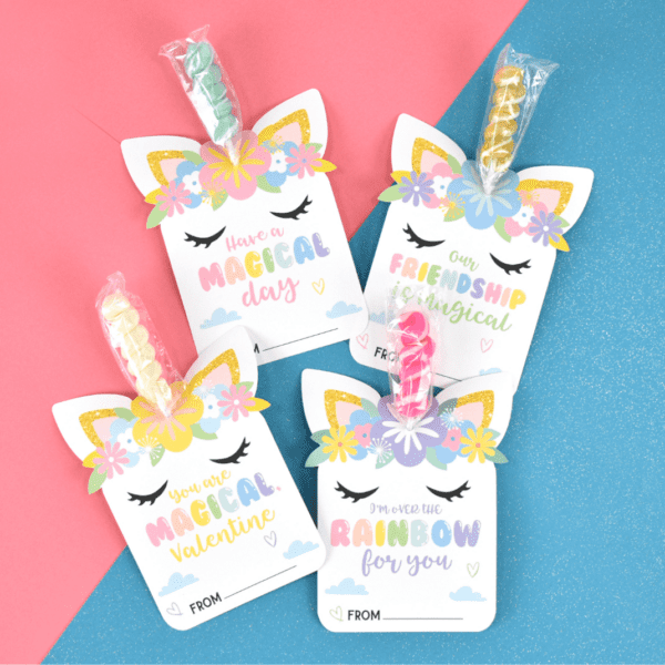 Unicorn Valentine's Day printable lollipop holders.