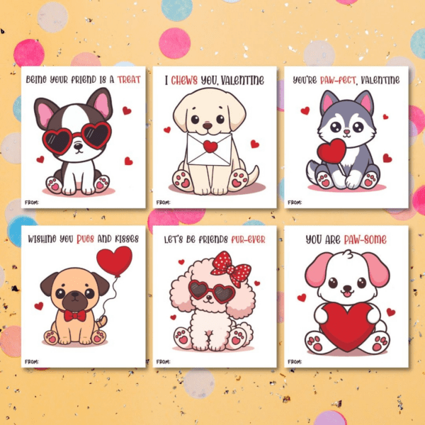 Printable Valentine's Day cards for Kids that feature cute puppy dogs and cats sitting on a yellow background with confetti.