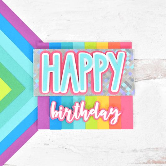 Color block card with many stripes of color and happy birthday text