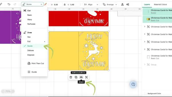 Shows where to add scoreline and find attach tool in Design Space