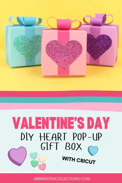 Paper gift boxes with ribbon and glitter hearts in pastel colors, each containing a pop-up surprise or text message.