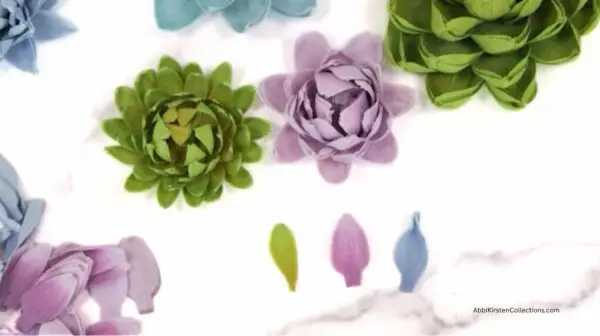 3 shaped petals in green, purple, and blue