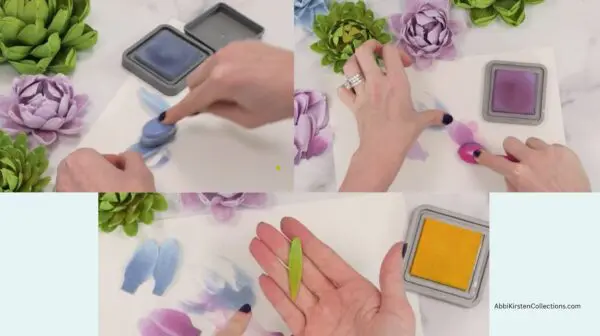 adding distress oxide to 3 colors of crepe paper petals