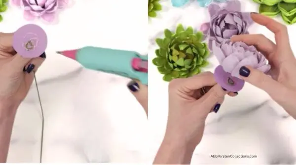 gluing wire to crepe paper flower succulent
