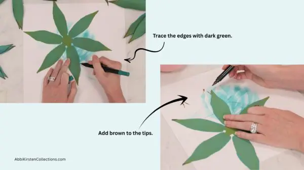 applying paint markers to the edges and tips of paper agave leaf