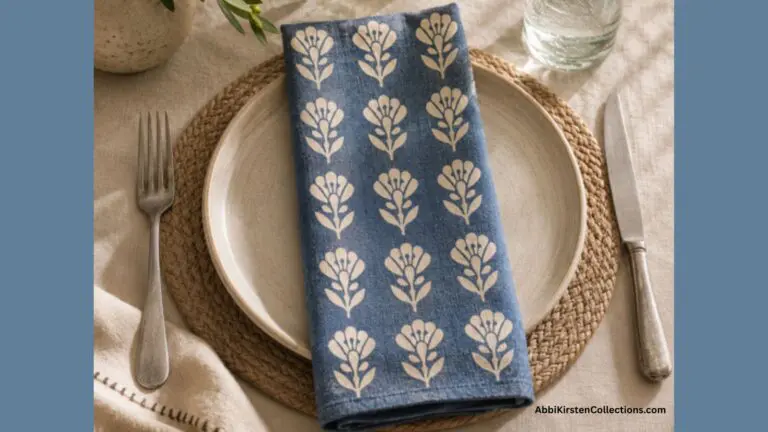 finished blue stenciled napkin with floral design