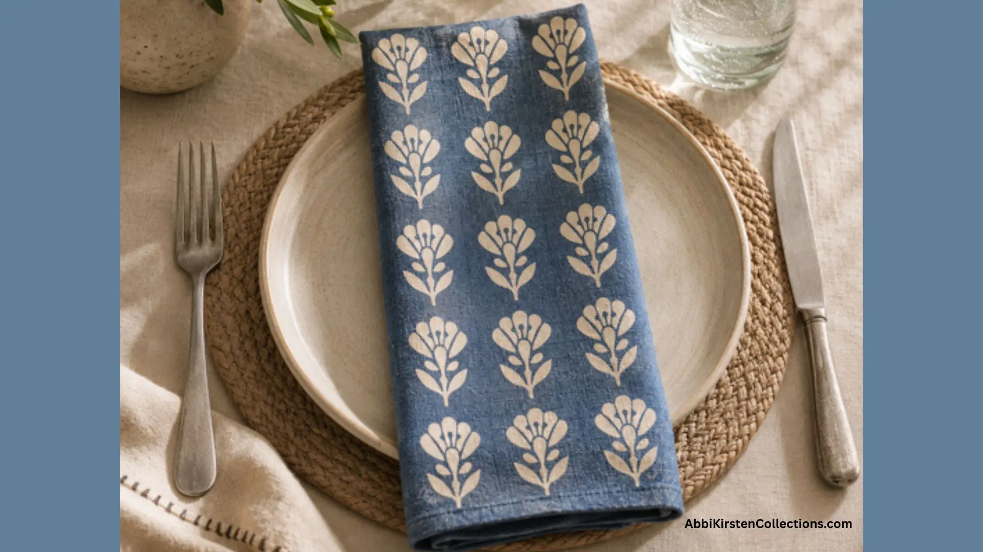 finished blue stenciled napkin with floral design
