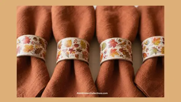 napkins and napkin rings in fall leaves