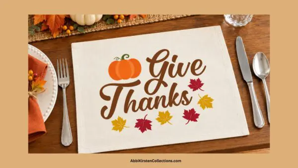 place mat with pumpkin and leaves and Give Thanks text