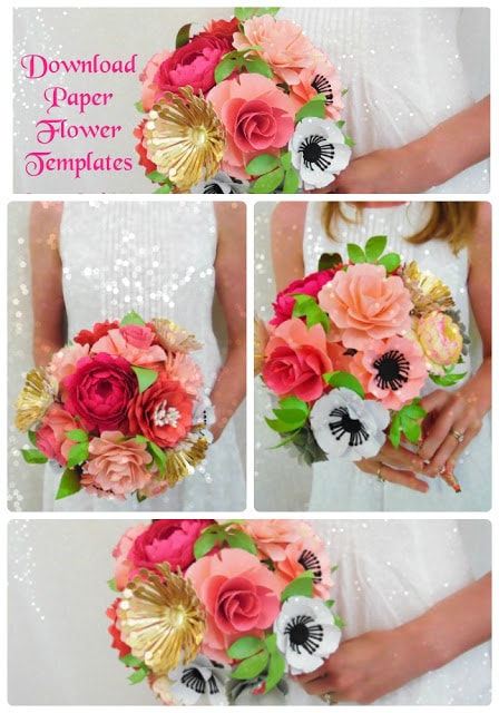 A collage of a bridal bouquet from various angles as it held at Abbi Kirsten's waist. The text above the collage reads, "Download paper flower templates."