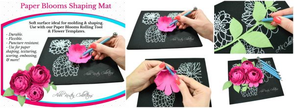 A collage of images showing the function of a black and white Paper Blooms Shaping Mat and light blue Rolling Tool.  