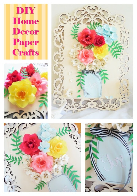 A collage of various views of wall art made with paper flowers and wood. "Home Decor Paper Crafts" is written in pink on the upper left corner. 