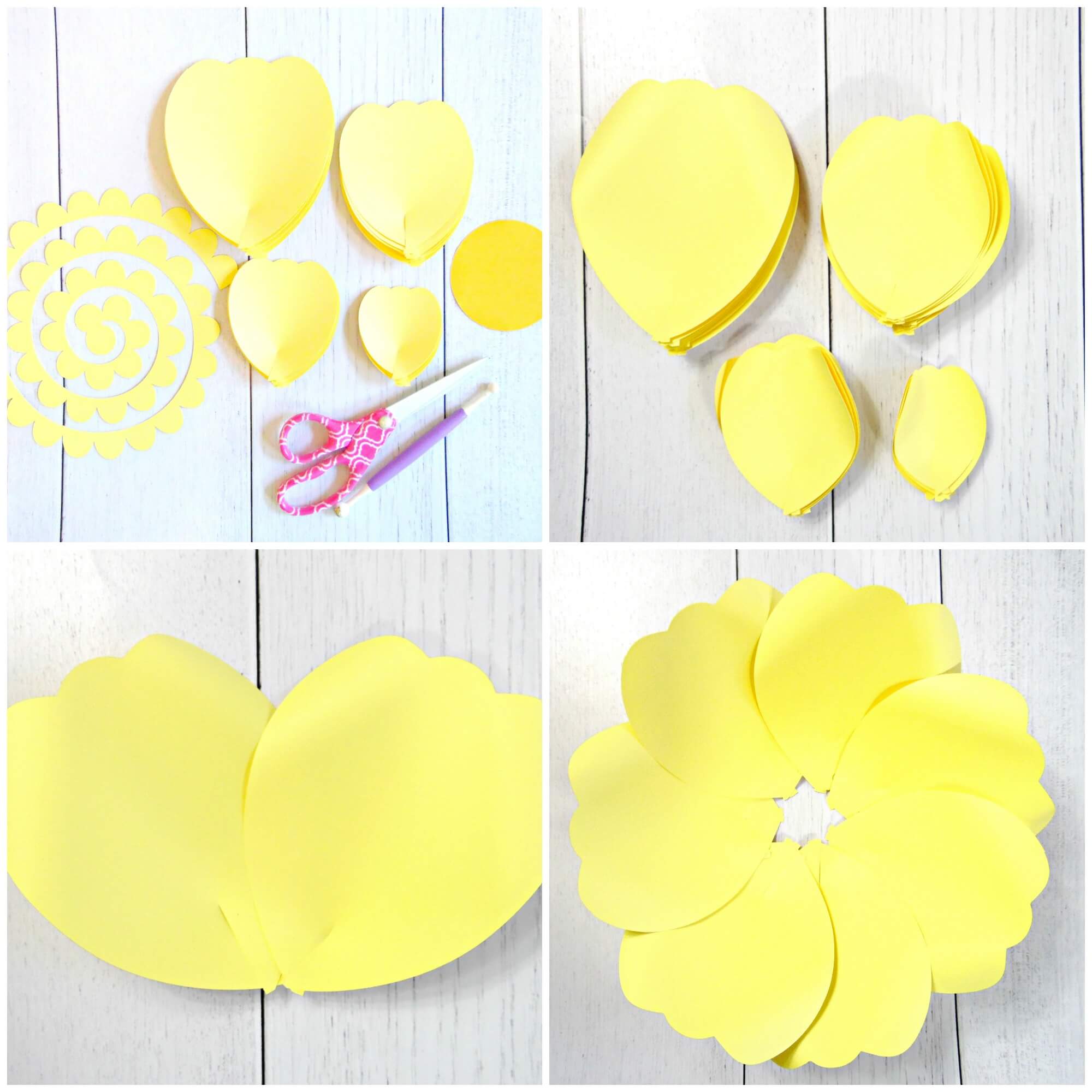 A collage of four images. The top two images show yellow flower petals cut out with scissors and stacked together. The bottom two images show the rose flower petals fanned out and connected together to form the base of a Charlotte rose.
