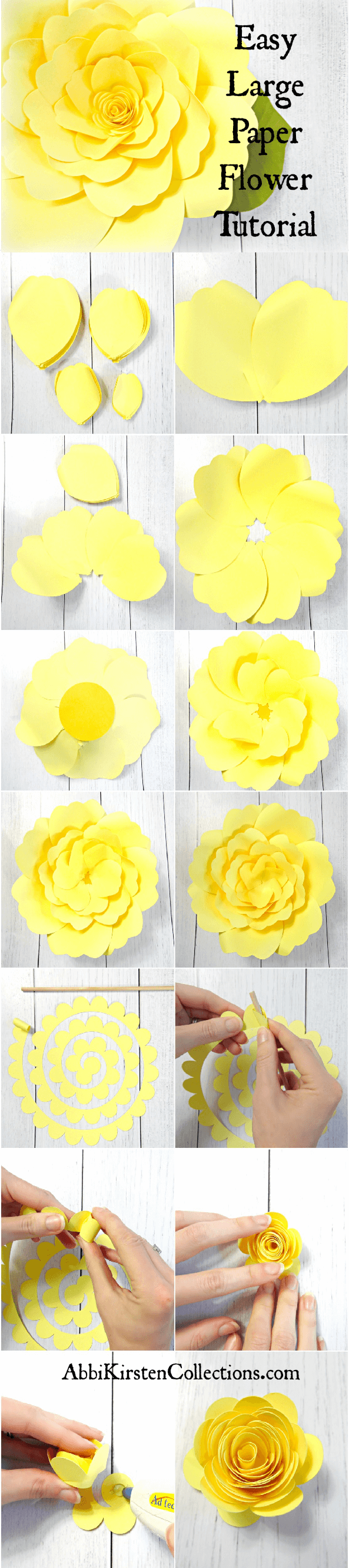 A collage of images showing all the steps to making a giant yellow Charlotte rose tutorial. The text on the image says, "easy large paper flower tutorial"