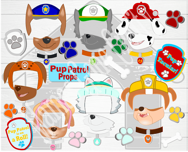 A colorful example of masks of Paw Patrol characters, like Skye and Rumble. Use these as party favors for your kid's next birthday party. 