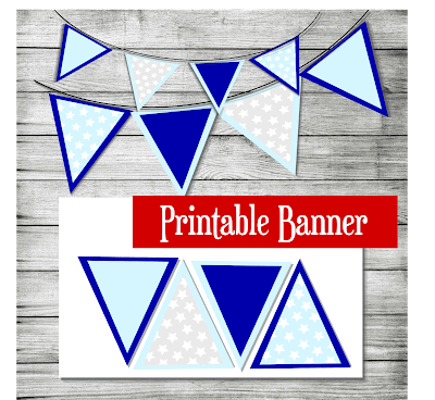 A paper banner features triangle flags hanging on string. The triangle banner flags are light blue with a dark blue outline, dark blue with a light blue outline, white with stars, and light blue with stars.