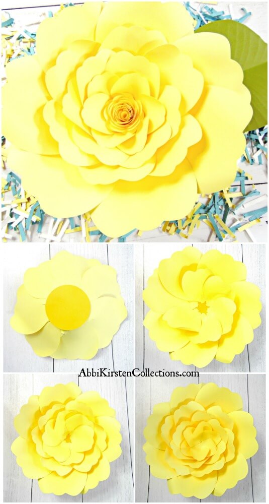 A collage of photos showing different steps to making a giant yellow Charlotte rose from start to finish.