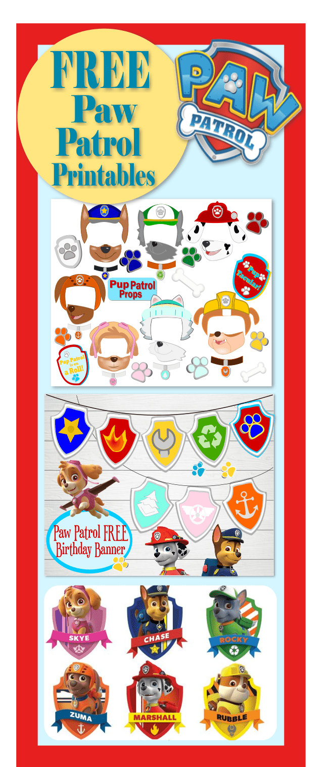 A tall graphic outlines in thick red lines. "Free Paw Patrol Printables" is written across the top. Examples of Paw Patrol crafts adorn the rest of the graphic, like masks, banners, and stickers. Use Cricut and your creativity to make these easy Paw Patrol party decorations. 