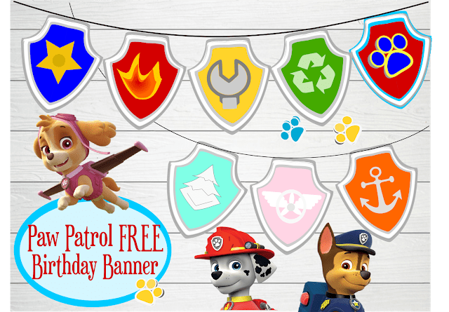 A cartoon illustration of a Paw Patrol banner that featured badges and character symbols like fire for Marshall and a police badge for Chase. Chase, Marshall and Skye are on the graphic and the text reads "Paw Patrol Free Birthday Banner" with a yellow dog paw print. 